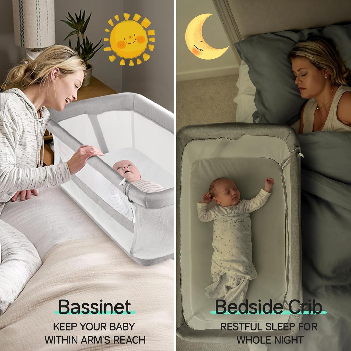 Cowiewie Bassinet Bedside Sleeper,Baby Bassinet Slides Over Bed,5-Position Height Adjustment & Breathable All-Mesh Wall Bedside Bassinet for Baby,Space-Saving Bedside Crib, Height(37.4-41.3"), White