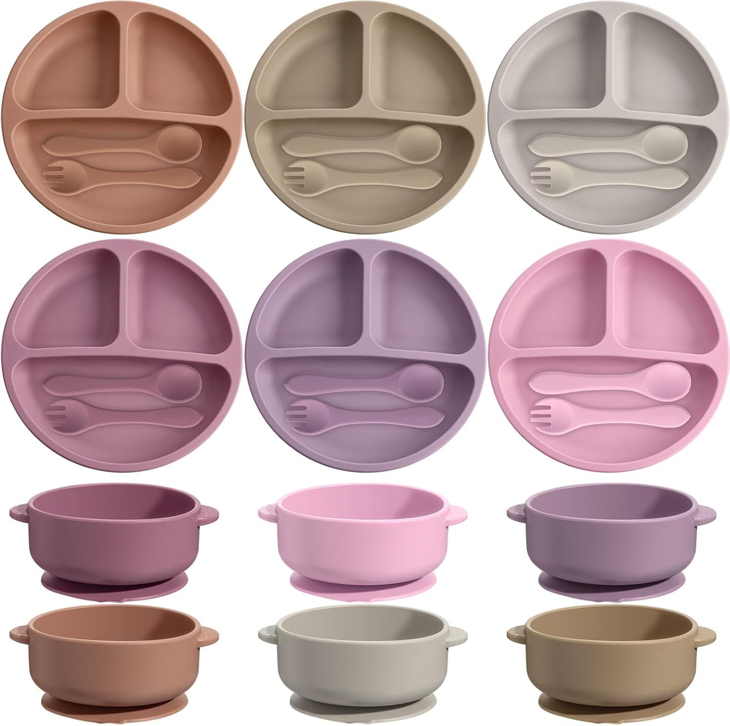 Dandat 24 Pcs Silicone Baby Feeding Set,6 Baby Toddler Suction Bowls 6 Divided Suction Plates with 6 Forks 6 Spoons, Utensils Set for Weaning Infant Feeding and Eating, 6 Styles (Elegant Color)