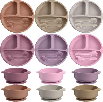 Dandat 24 Pcs Silicone Baby Feeding Set,6 Baby Toddler Suction Bowls 6 Divided Suction Plates with 6 Forks 6 Spoons, Utensils Set for Weaning Infant Feeding and Eating, 6 Styles (Elegant Color)