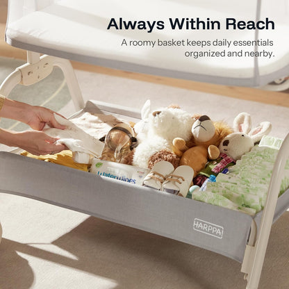 HARPPA Cuddly Lite Bassinet, 2 in 1 Baby Bassinet with Breathable Mesh and Mattress, 6 Height Adjustable, Bedside Sleeper with Anchor Strap, Storage Basket and Wheels, Light Grey