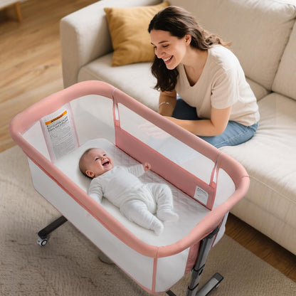 Kinder King Baby Bassinet Bedside Sleeper, Newborn Baby Bedside Crib w/Wheels, All-Sided Mesh, Adjustable Height, Removable Soft Mattress, No Tool to Assemble, Grey