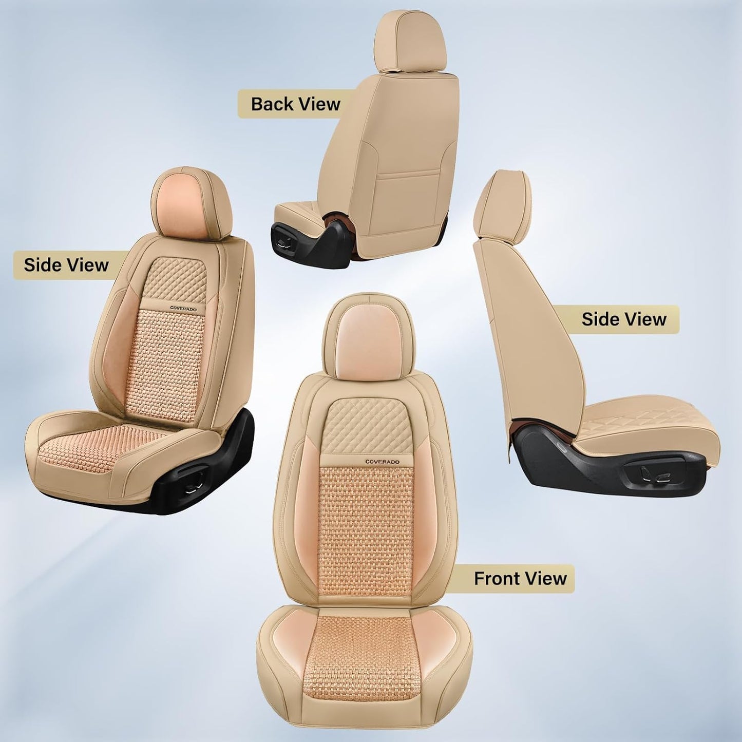 Coverado Leather Seat Covers for Car, Waterproof Car Seat Covers Full Set, 2 in 1 Conversions Car Seat Cover Protector Car Accessories Universal Fit for Most Cars SUVs and Trucks Beige