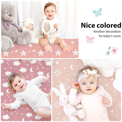 Baby Mini Crib Sheets Girl, Portable 38”x26” Pack and Play Sheets Fitted for Playard and Pack N Play Mattress, 3-Pack Soft Microfiber Pink Rainbow