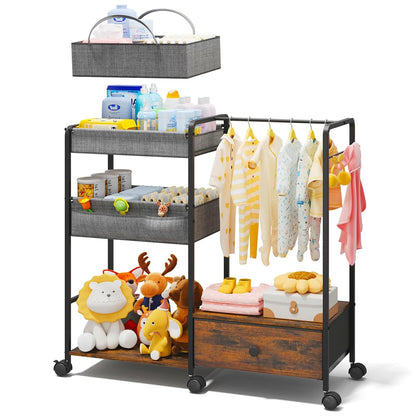 BBLIKE 3in1 Diaper Caddy Organizer - Diaper Caddy & Rolling Diaper Cart with Kids Clothing Rack for Nursery and Baby Essentials, Multi-Function Utility Cart for Bedroom and Bathroom, White