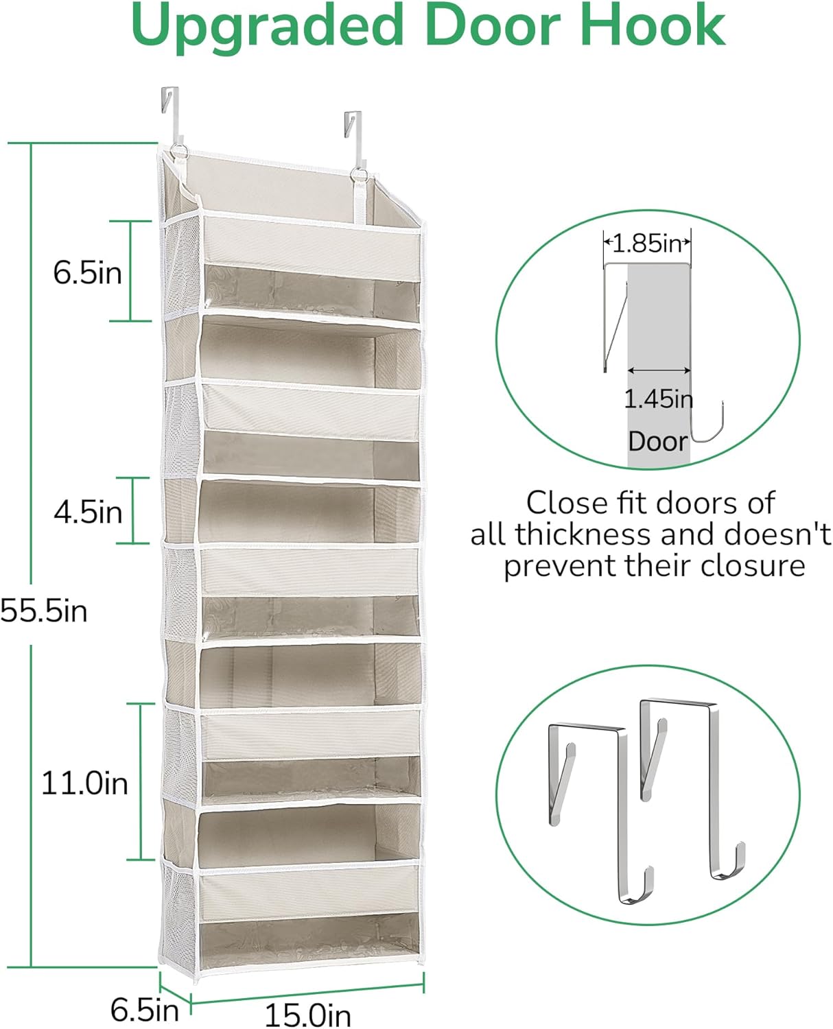 ULG 1 Pack Over Door Organizer with 5 Large and 10 Mesh Side Pockets, 44 lbs Weight Capacity Hanging Storage with Clear Window Kids Toys, Shoes, Diapers, Dark Grey, 5 Layers