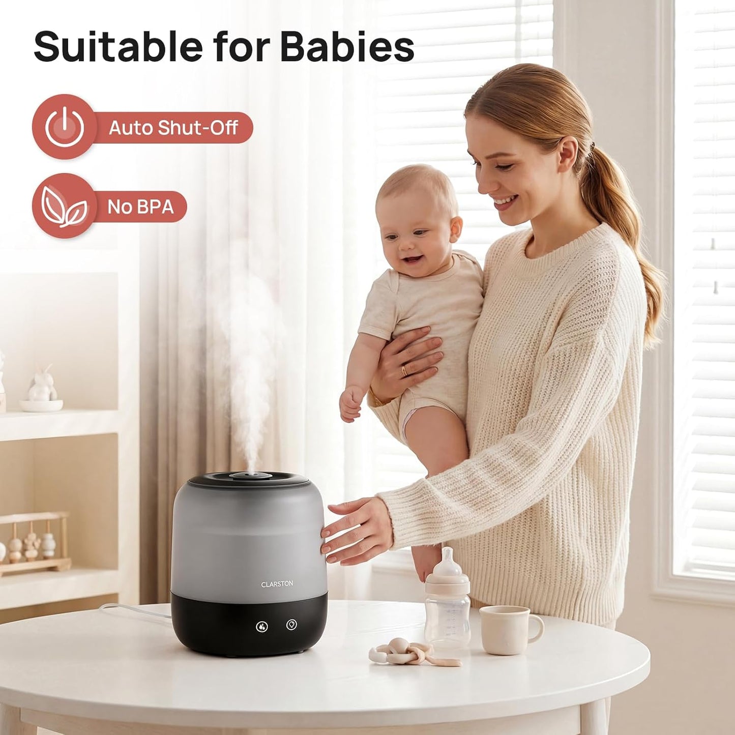 Clarston 2L Cool Mist Humidifier for Bedroom with 360° Adjustable Nozzle, High and Low Mist Levels, Ultra-Low Noise, Light-Off, No BPA, Auto Shut Off, Ideal Baby Humidifier with Easy Top Filling