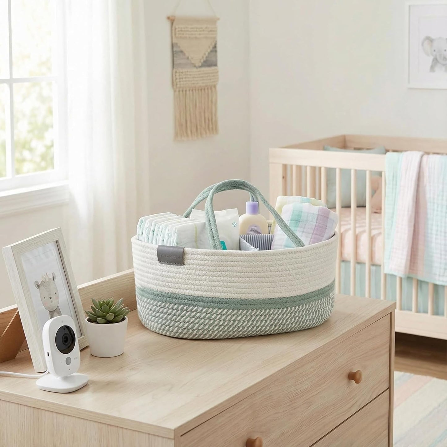 DECOMOMO Baby Caddy Organizer, Mother's Day Diaper Caddy Basket, Baby Baskets for Baby Shower (Spiral Beige & White, Large)