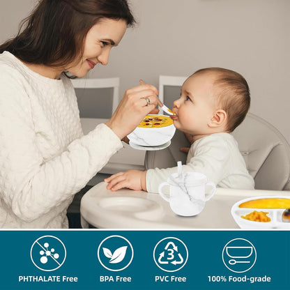 100% Silicone Baby Feeding Set, BPA Free Baby Dishes with Suction Bowl, Divided Plate, Toddler Self Feeding Dish Set with Spoons, Forks, Sippy Cup and Bib, Baby Eating Utensils (Navy Blue)