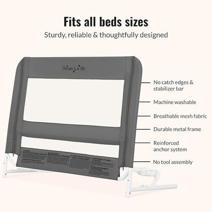 Dream On Me Lightweight Mesh Security Adjustable Bed Rail for Toddler, Breathable Mesh Fabric, Suitable for All Types of Beds, Reinforced Anchor System Bed Guard Rail, Grey