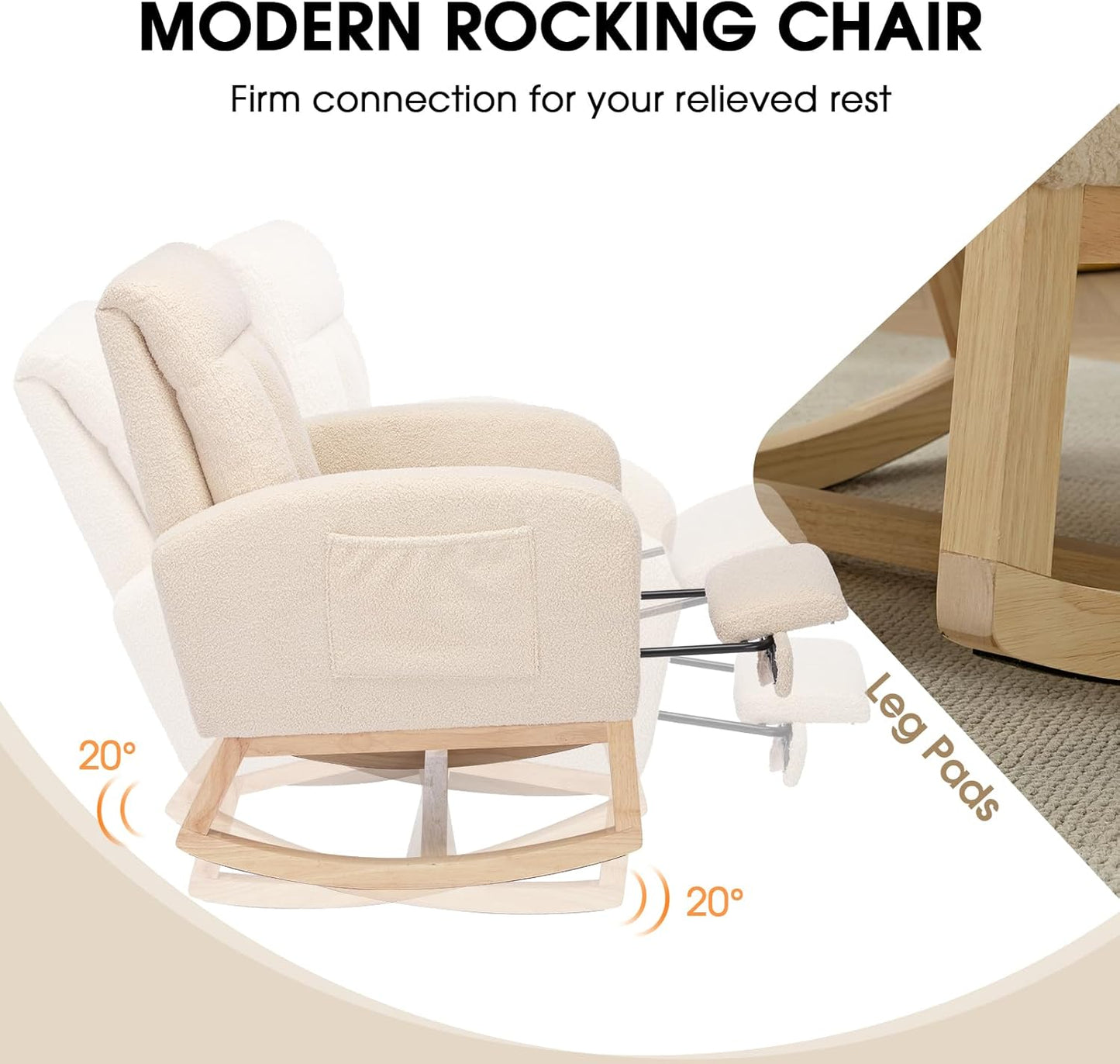 NIOIIKIT Modern Nursery Rocking Chair, Teddy Upholstered Rocking Chair with Footrest, Comfortable Rocker Recliner with Side Pocket, Rocker Glider for Living Room, Bedroom, Nursing Room (Apricot)