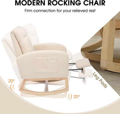 NIOIIKIT Modern Nursery Rocking Chair, Teddy Upholstered Rocking Chair with Footrest, Comfortable Rocker Recliner with Side Pocket, Rocker Glider for Living Room, Bedroom, Nursing Room (Apricot)