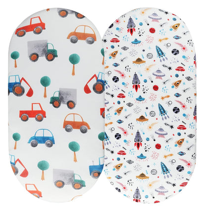 Bassinet Sheet Set 2 Pack Snug Fitted Bedside Sleeper Bassinet Sheets, Stretchy Ultra Soft, Unisex Boy Girl, Light Blue & Dinosaur