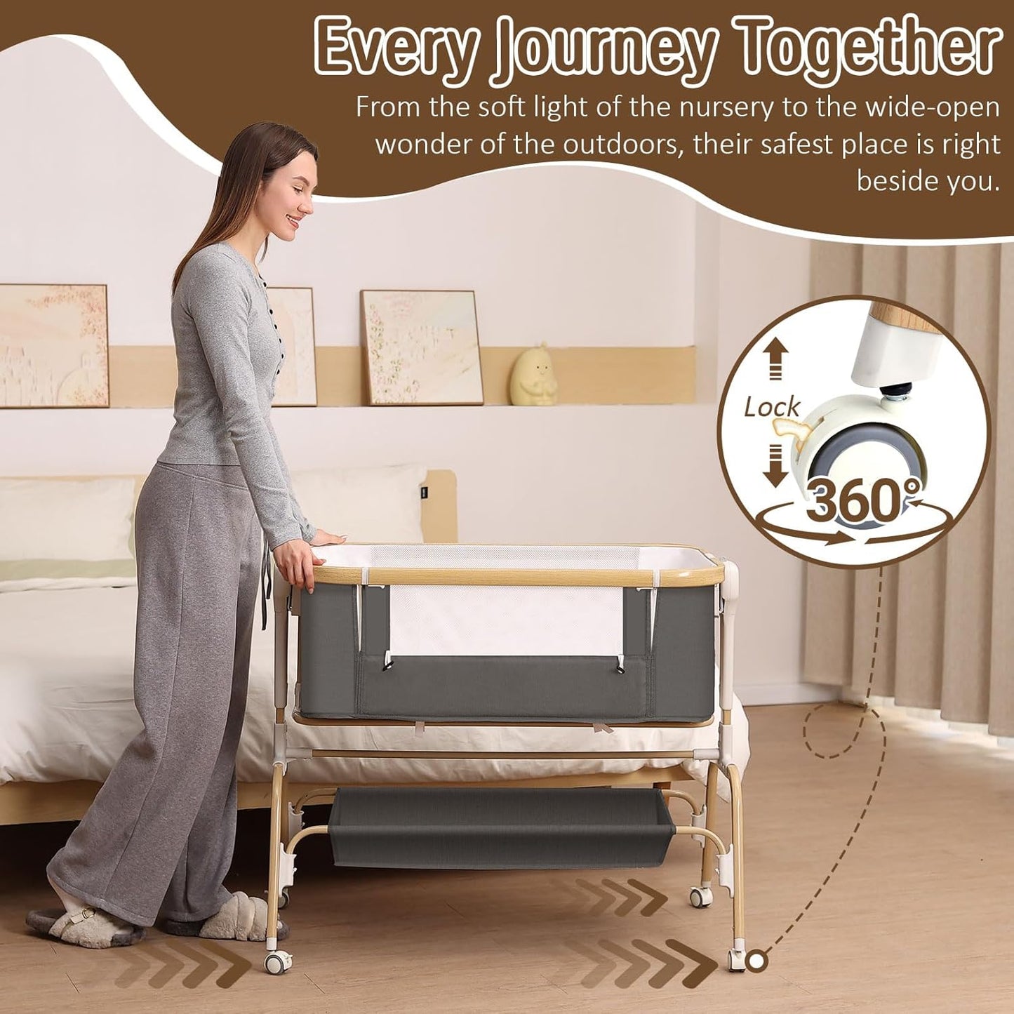 Rocking Baby Bassinet Bedside Sleeper, Detachable Portable Bassinet & Adjustable Crib with 8 Heights, Breathable Mesh, Storage Basket & Mobile Toy for Newborns to Toddlers(Oatmeal)