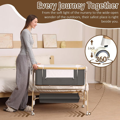 Rocking Baby Bassinet Bedside Sleeper, Detachable Portable Bassinet & Adjustable Crib with 8 Heights, Breathable Mesh, Storage Basket & Mobile Toy for Newborns to Toddlers(Oatmeal)