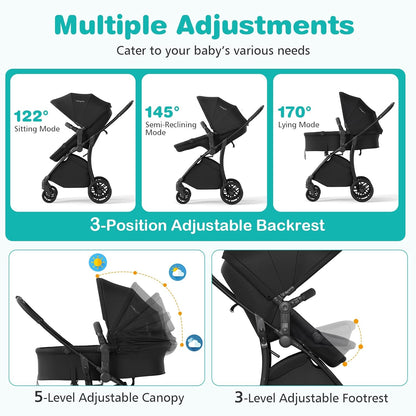 BABY JOY 2 in 1 Baby Stroller, High Landscape Convertible Bassinet Stroller with Reversible Seat, Adjustable Backrest & Canopy, Foldable Pushchair Pram Stroller for Newborn Toddler 0-36 Months (Black)