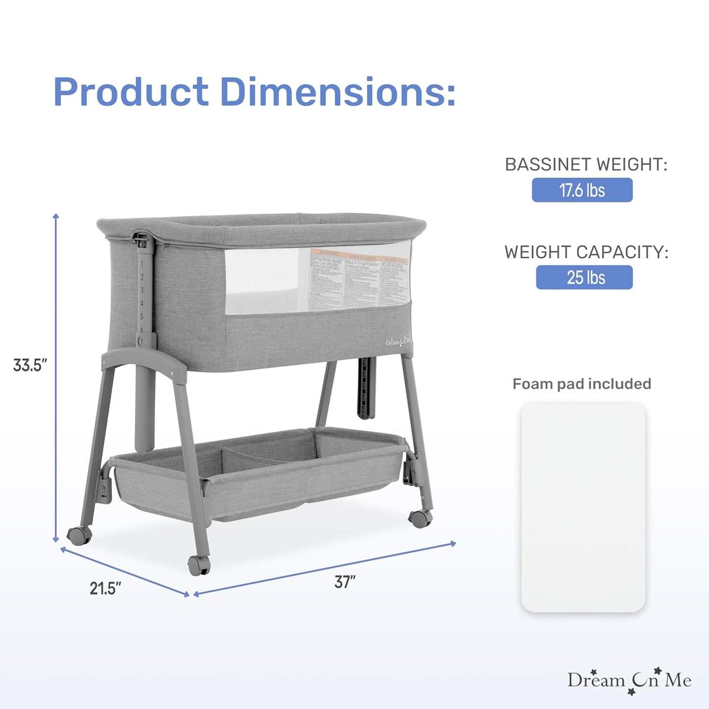 Dream On Me Calypso Portable Bassinet with Wheels, Adjustable Height Bedside Sleeper, Foldable Baby Bassinet with Breathable Mesh Sides, Foam Mattress, Easy Mobility & Travel-Friendly Design - Black