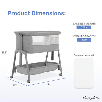 Dream On Me Calypso Portable Bassinet with Wheels, Adjustable Height Bedside Sleeper, Foldable Baby Bassinet with Breathable Mesh Sides, Foam Mattress, Easy Mobility & Travel-Friendly Design - Black
