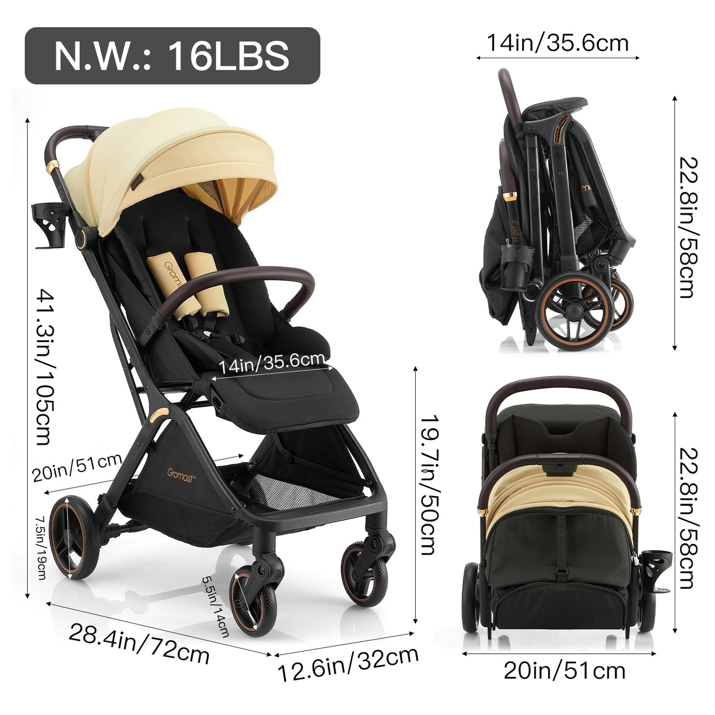 Gromast Gravity Folding Baby Stroller - Portable Travel Toddler Stroller w/Adjustable Backrest, Canopy & Cup Holder, Lightweight and UV Protected, One-Hand Automatic Folding - Green
