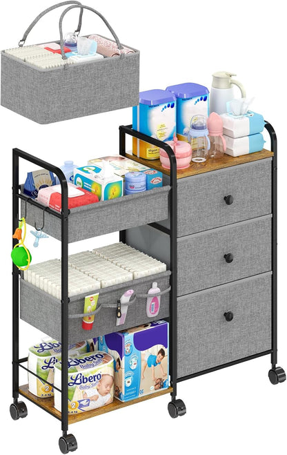 Cidaziya 2In1 Baby Diaper Caddy Organizer and Storage, 3 Tier Rolling Cart with Drawer, Mobile Utility Cart Baby Dresser Clothes Organizer for Crib, Art & Craft Storage, White, 17"W x 11.42"D x 33.5"H
