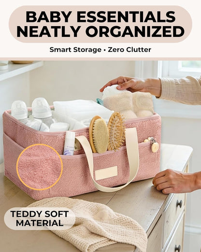 Baby Diaper Caddy Organizer with Portable Changing Mat - Teddy Fleece Diaper Organizer for Changing Table - Basket for Changing Essentials - Baby Essentials Organizer with Removable Dividers