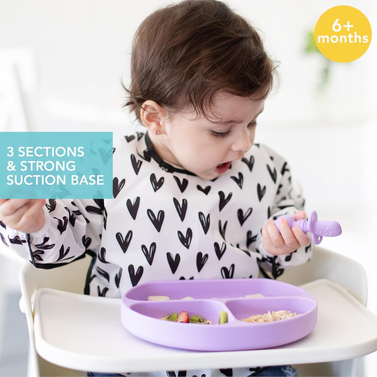 Bumkins Toddler and Baby Suction Plate, Divided Grip Dish for Babies and Kids, Baby Led Weaning, Feeding Supplies, Sticks to Tables and Highchairs, Platinum Silicone, for Chidren 6 Months, Gray