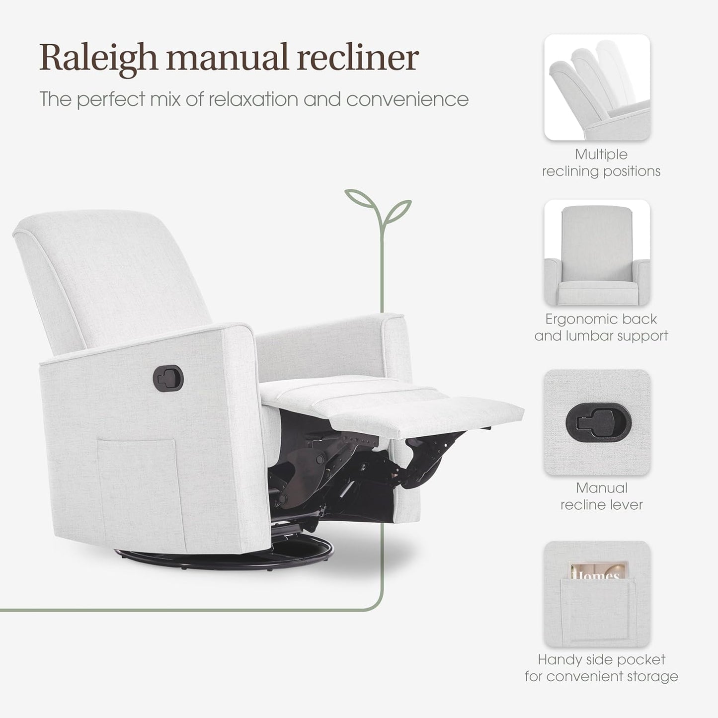 Evolur Raleigh Upholstered Manual Glider Recliner– Rocking & 360° Swivel with Smooth Glide – Greenguard Gold & FSC Certified – Modern Nursery and Living Room Chair in Light Sand