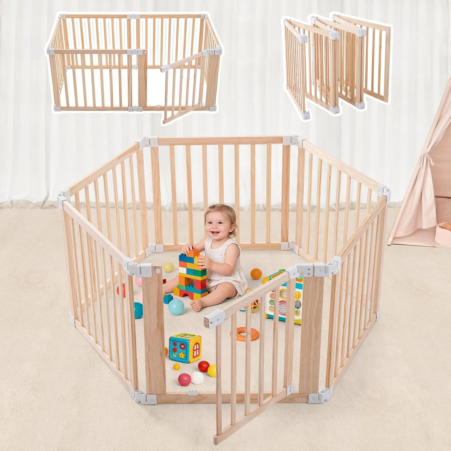 Foldable Wooden Playpen-51x51x25in-Large Baby Gate Playpen with Child-Proof Lock-Easy Assembly, Portable Design for Babies & Toddlers- Shape& Size Adjustable Baby Fence Play Area (Wood, 6 Panel)
