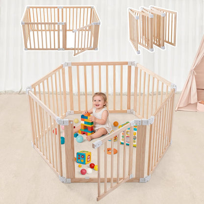 Foldable Wooden Playpen-51x51x25in-Large Baby Gate Playpen with Child-Proof Lock-Easy Assembly, Portable Design for Babies & Toddlers- Shape& Size Adjustable Baby Fence Play Area (Wood, 6 Panel)