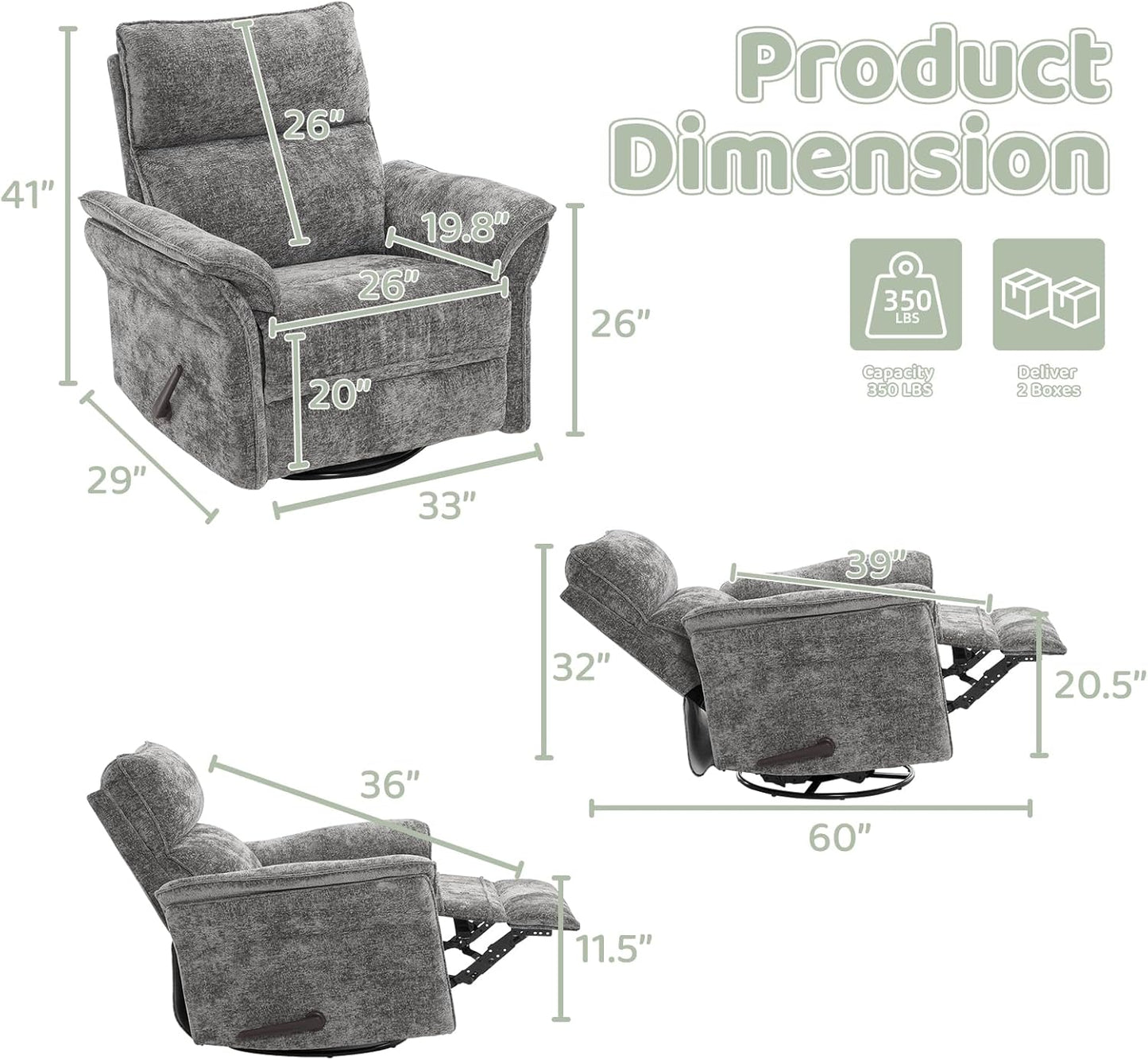 Oversized Swivel Rocker Recliner with Adjustable Headrest, Rocking Chair Nursery with Overstuffed Armrest, Manual Rocker Recliner Nursery Chair for Living Room, White