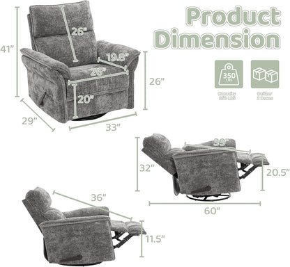 Oversized Swivel Rocker Recliner with Adjustable Headrest, Rocking Chair Nursery with Overstuffed Armrest, Manual Rocker Recliner Nursery Chair for Living Room, White