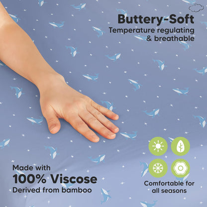 2-Pack Waterproof Pack and Play Sheets, Mini Crib Sheets Fitted for Boy, Girl - 38 x 26 Viscose from Bamboo Pack N Play Mattress Sheets for Graco, Toddler Playard Baby Crib Sheets Neutral (Blue Flax) - Colors A