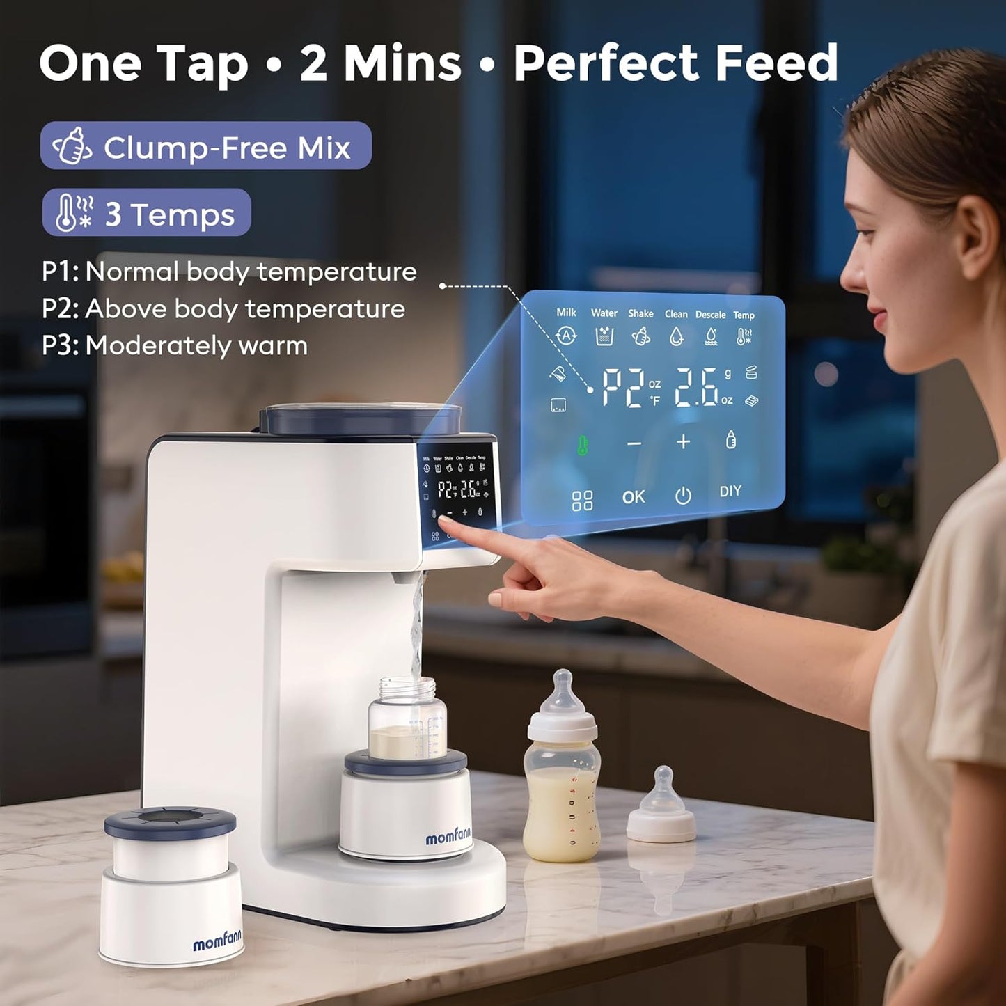 Momfann Formula Maker Pro, 2-Minute Quick Mix Baby Formula Dispenser, One-Touch Automatic Milk Maker, 3 Formula Temps + 4 Hot Water Choice, 2L Tank & Sealed Powder Container for Clump-Free Formula