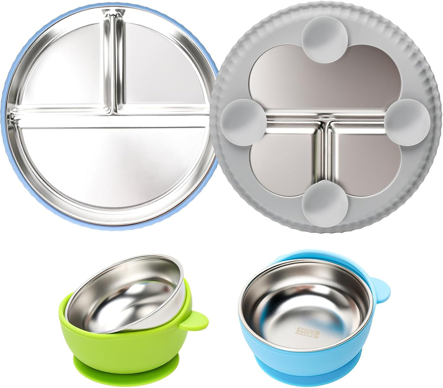 MISSLILI Stainless Steel Baby Plate and Bowls with Suction, Divided Kids Baby Plate and Toddler Bowl with Removable Silicone Suction, Non-Slip Baby Feeding Set Dishwasher Safe，4 Packs