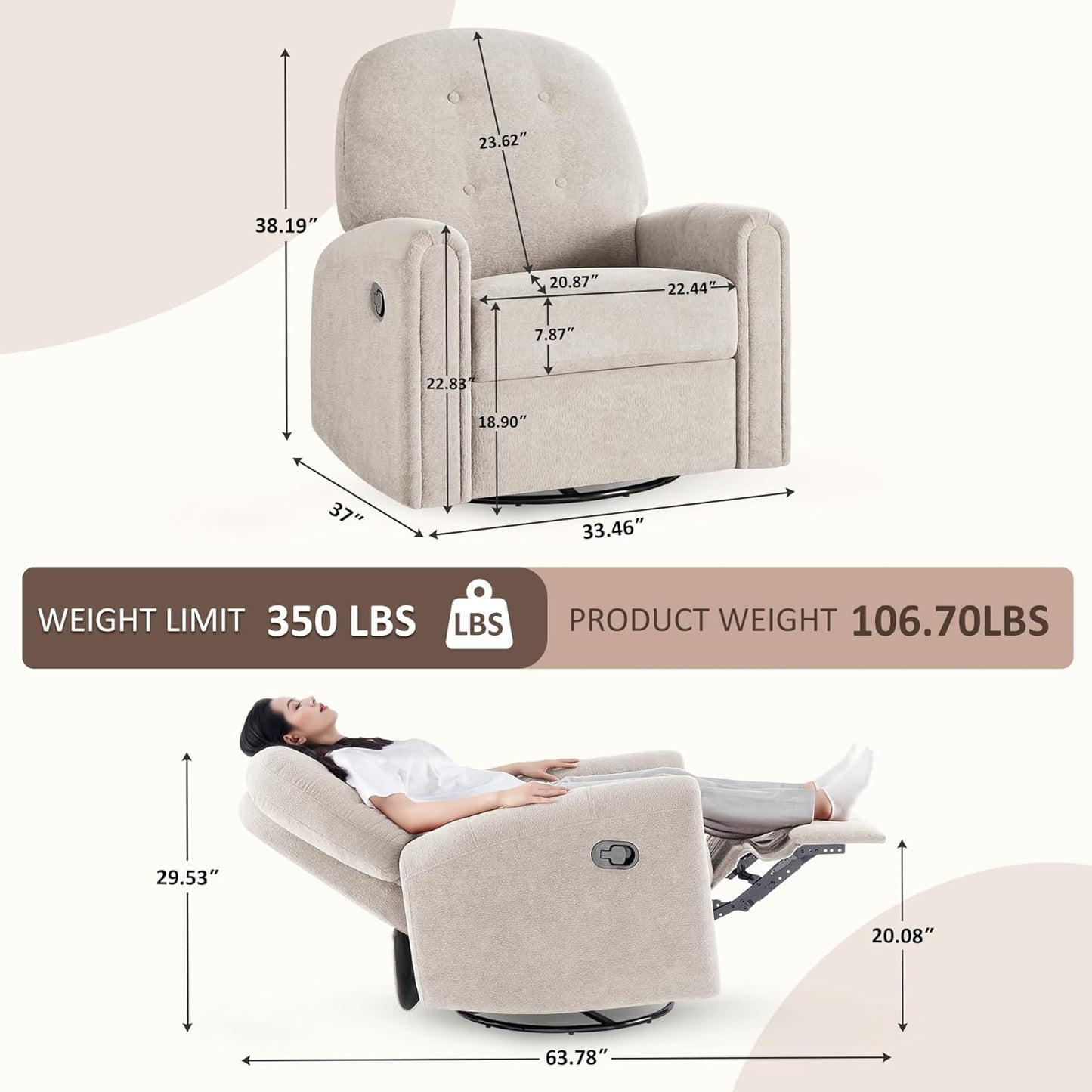 VANOMi 360 Swivel Rocker Recliner Chair, Nursery Rocking Chair with Tufted Backrest, Manual Recliner Chairs for Small Spaces, Upholstered Glider Nursing Chair for Living Room, Bedroom (White)