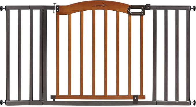 Summer Infant Anywhere Decorative Walk-Thru Pet and Baby Gate, 28” - 42.5” Wide, 30" Tall, Pressure Mounted, Insall In-between Rooms and Doorways, Walnut Wood with Metal Charcoal Accents