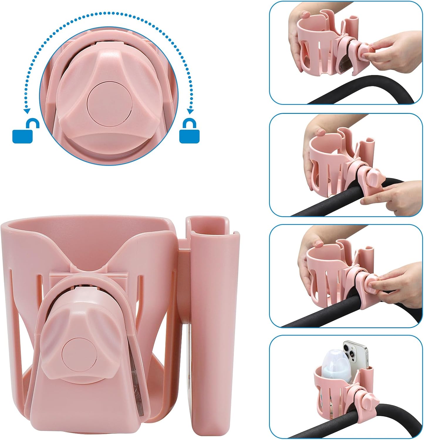 Accmor Universal Cup Holder, Stroller Cup Holder with Phone Holder, 360° Rotatable Large Caliber Designed Bottle Holder for Stroller, Bike, Wheelchair, Walker, Scooter