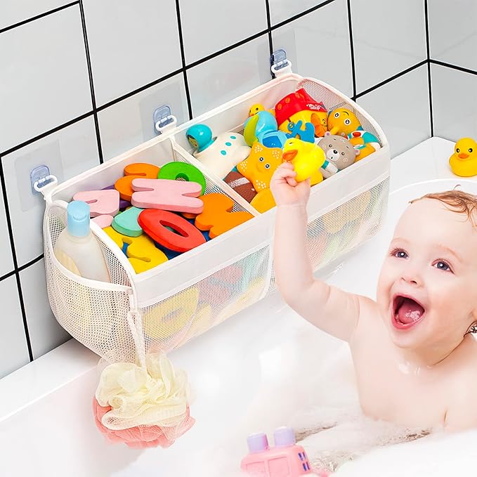 Austion Original Two Compartment Easy-access Mesh Bath Toy Organizer for Bath Tub with Large Openings Quick Drying Cute Toddler Bath Toy Storage Holder for Baby