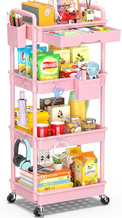 SUNALLY 3 Tier Rolling Cart with Drawer, Bathroom Storage Organizer with 2 Lockable Wheels, Multifunctional Rolling Storage Cart for Bathroom, Kitchen, Office, Craft, Makeup, Baby Essentials, White