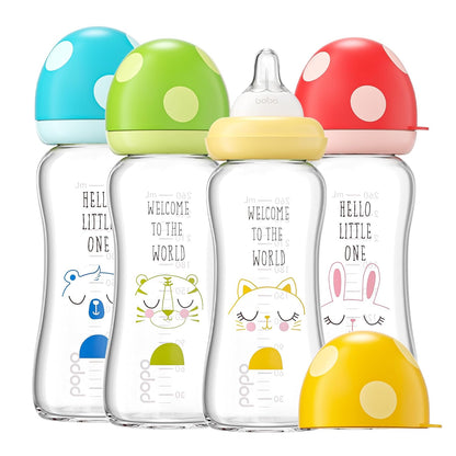 YOHKOH Natural Glass Baby Bottle with Level 1 Slow Flow Nipple, Newborn Anti-Colic Baby Bottles, Wide Neck Mushroom Baby Glass Bottle (Multicolour-A, 3.4oz (Pack of 4))