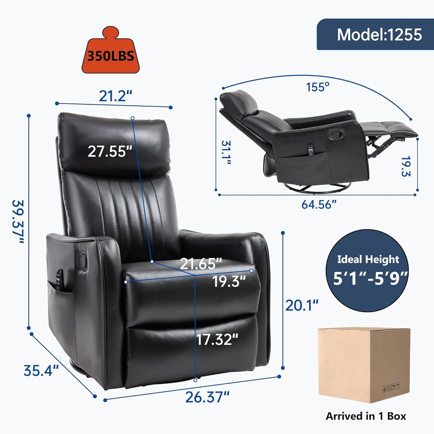 Swivel Rocker Recliner Chair for Adults, Nursery Rocking Chair with Heat and Massage, Glider Reclining Chair for Small Space Living Room Bedroom, Faux Leather Black
