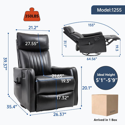 Swivel Rocker Recliner Chair for Adults, Nursery Rocking Chair with Heat and Massage, Glider Reclining Chair for Small Space Living Room Bedroom, Faux Leather Black