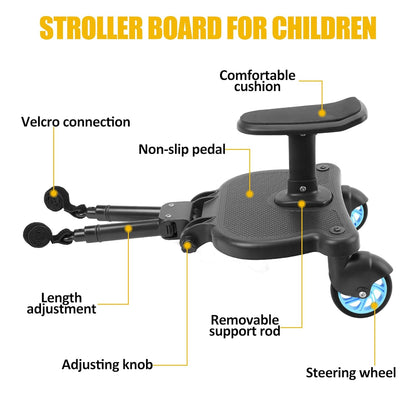 2026 New-Universal Stroller Board with Detachable Seat, 2in1 Sit and Stand Stroller Connectors for Most Strollers, Holds Children Up to 55 LBs Stroller Standing Board(Black)
