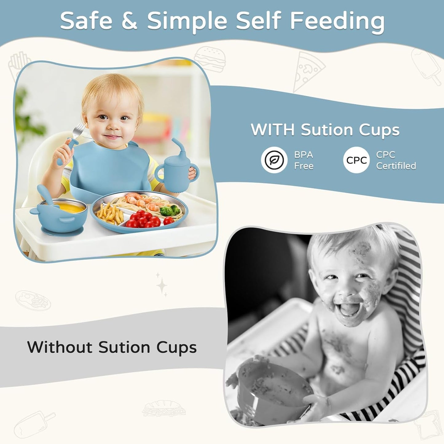 Toddler Plates and Bowls Set Stainless Steel - Bathchef Baby Feeding Set Strong Suction, BPA Free Durable Divided Plates, Safe Self Baby Feeding Utensils,Cup,Spoon,Fork,Dishwasher Safe,6pcs,Pink