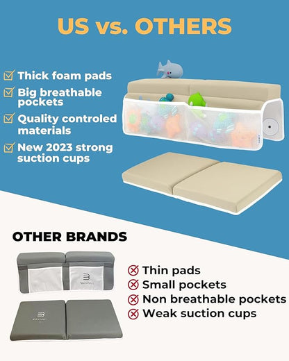 Comfortable Baby Bath Kneeler and Elbow Rest Pad Set – Thick Memory Foam Bath Kneeling Pad with Elbow Support – Baby Bathtub Cushion with Toy Organizer for Bathing Infant or Toddler - Beige