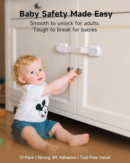 Infinno 12 Pack Cabinet Locks Baby Proofing Heavy Duty - Child Safety Cabinet Locks for Drawers, Cupboards & Fridge – No Drill 3M Adhesive Locks for Pets - Toddler Safety Latches