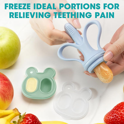 JEXFUN Baby Fruit Feeder & Breastmilk Popsicle Mold Set, Silicone Food Feeder Pacifier for Cooling Relief with 3 Replaceable Pouches, BPA-Free Teething Toy for Safe Infant Self Feeding (Pea Green)