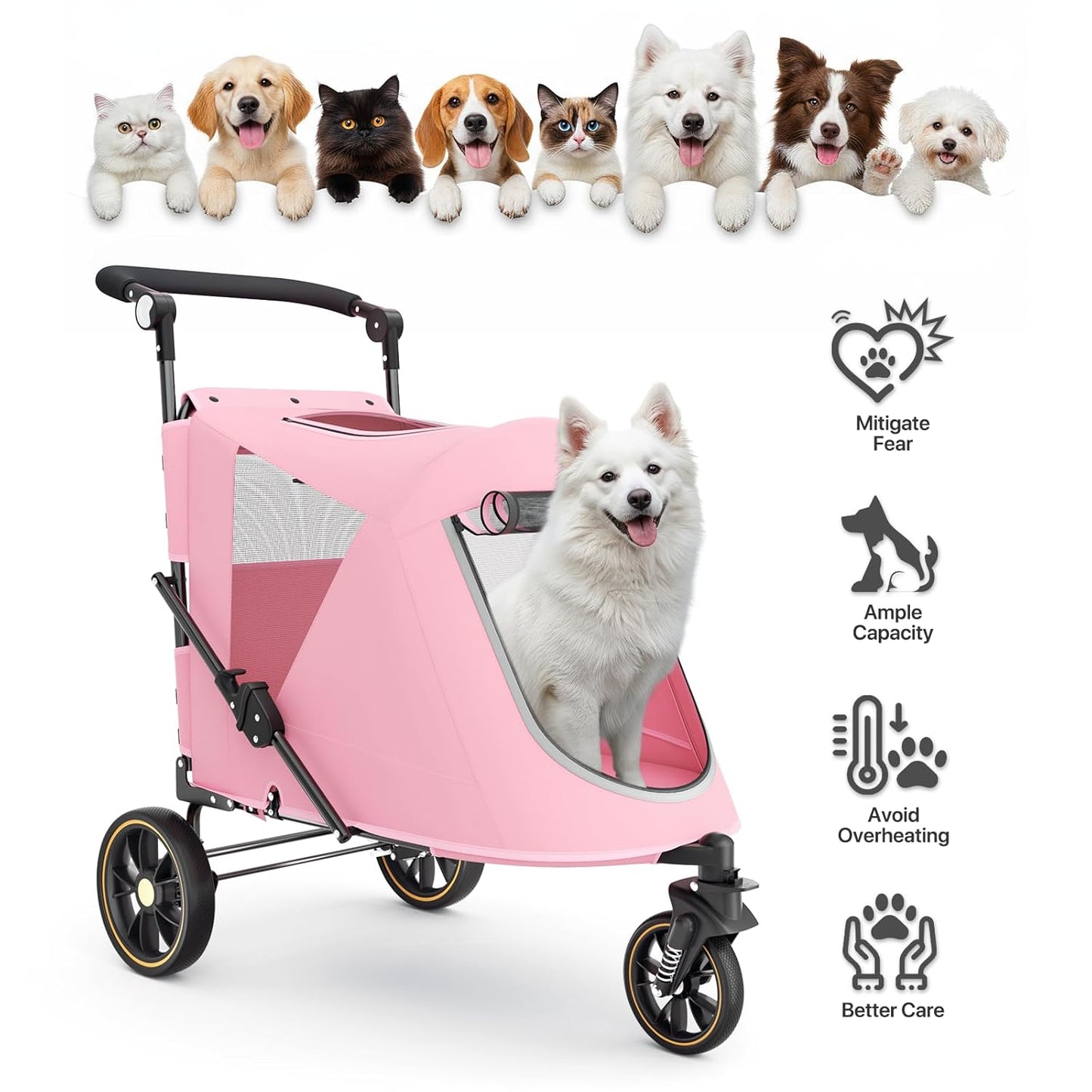 MoNiBloom Large Pet Stroller with Anti-Slip Ramp, Heavy Duty Dog Stroller Up to 99lb, Safe & Gentle Mobility Aid, All-Terrain Wheels, Idea for Injured, Disabled, & Senior Dog