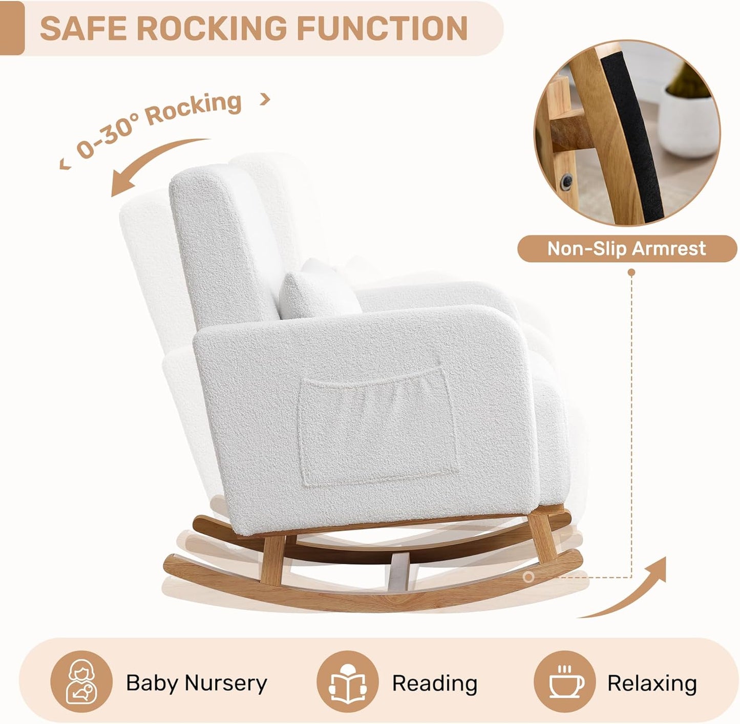 HCHAIRH Nursery Rocking Chair with Ottoman, Upholstered Glider Rocker with High Backrest Side Pocket, Rocking Accent Armchair with Solid Wood Legs for Nursery, Living Room, Bedroom, Light Grey