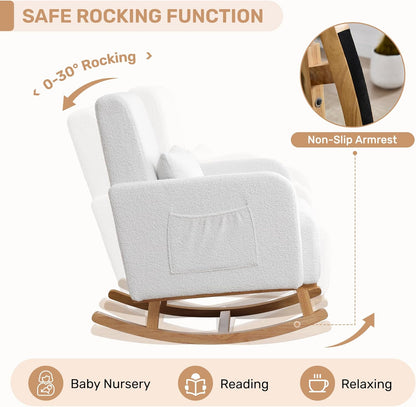 HCHAIRH Nursery Rocking Chair with Ottoman, Upholstered Glider Rocker with High Backrest Side Pocket, Rocking Accent Armchair with Solid Wood Legs for Nursery, Living Room, Bedroom, Light Grey