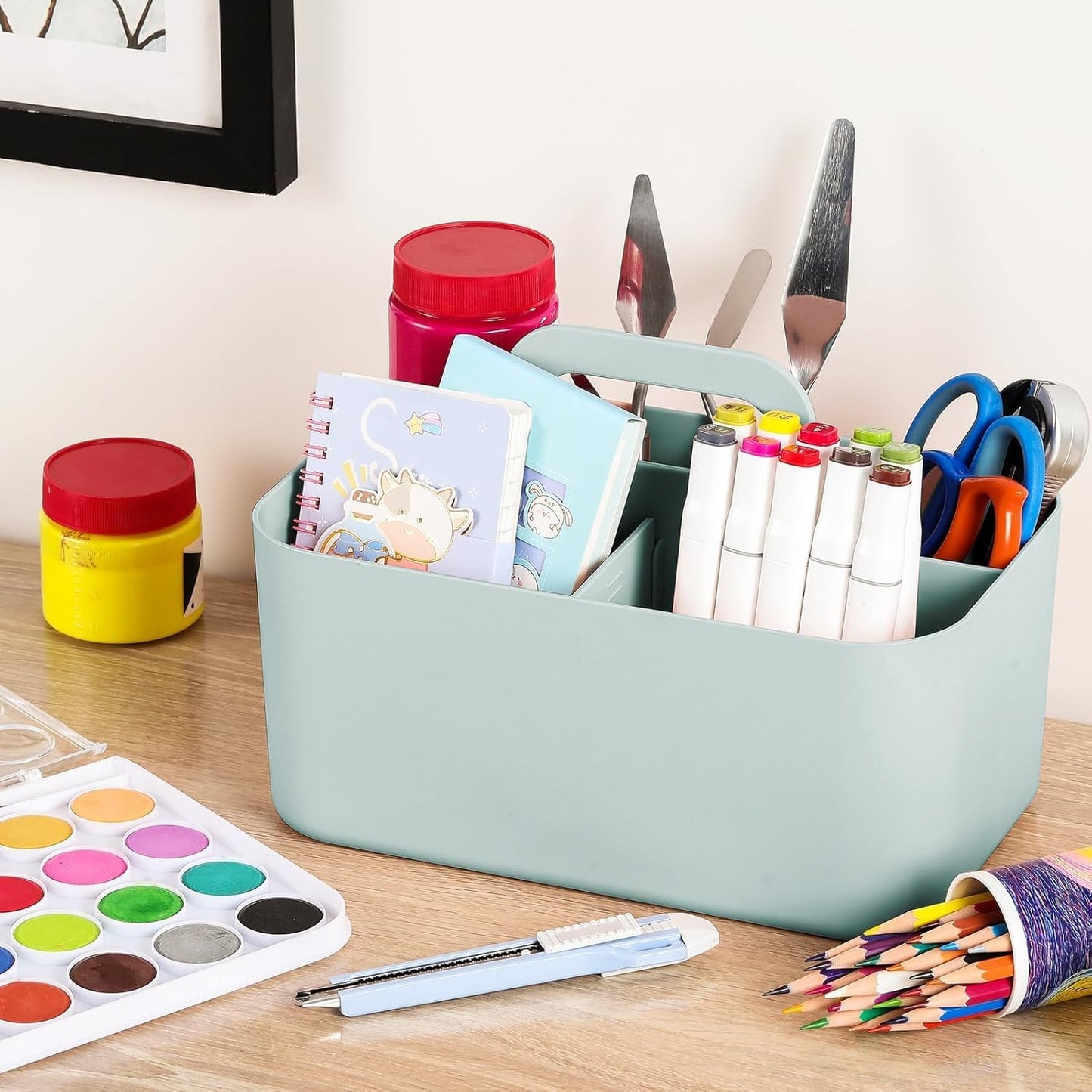 Multiuse Caddy Organizer with Handle, Portable Divided Plastic Tote Bin - Art Craft, Stationary Pen Marker Crayons, Makeup Hair Supplies Storage - Bathroom, Classroom, Dorm, Office, Desk Holder - Pink